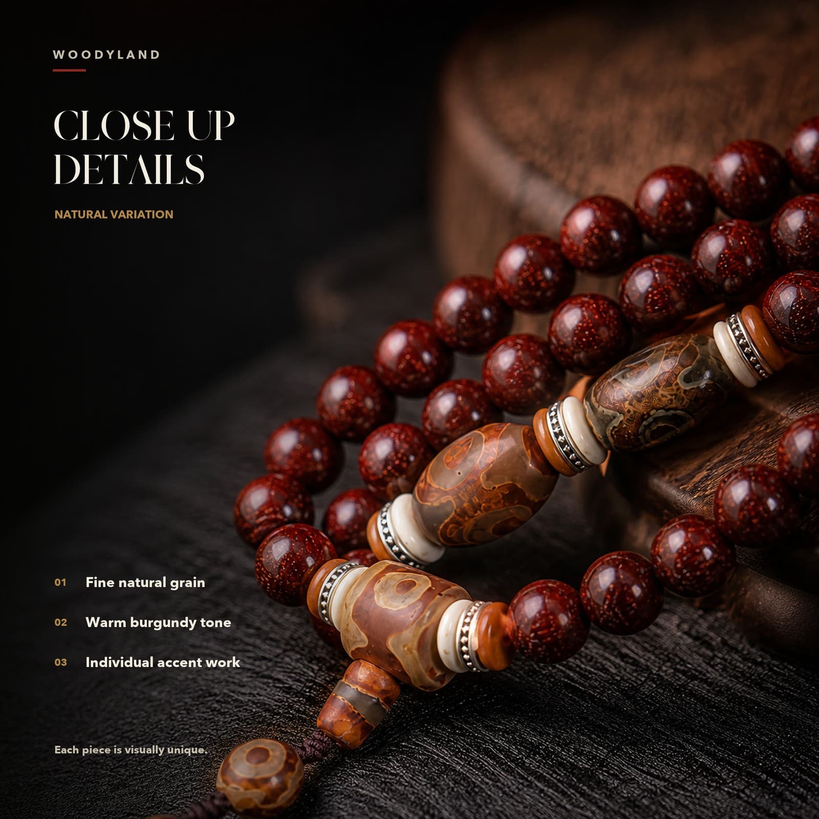 Red Sandalwood 108-Bead Mala Close-Up Details 1